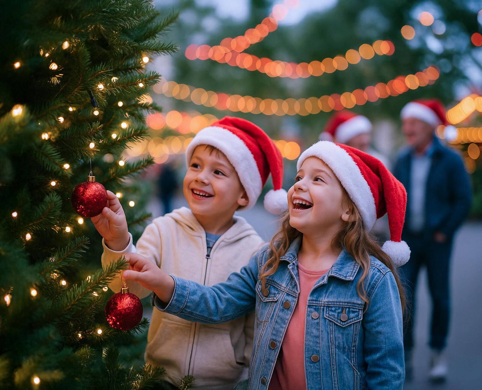 Happy boy and girl looking at a Christmas tree