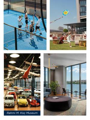 Tętniąca życiem kolaż w Rixos Tersane: ludzie grający w padla, dzieci puszczające latawce na świeżym powietrzu, zabytkowe samochody i samolot w muzeum oraz nowoczesny salon z dużymi oknami wychodzącymi na wodę.