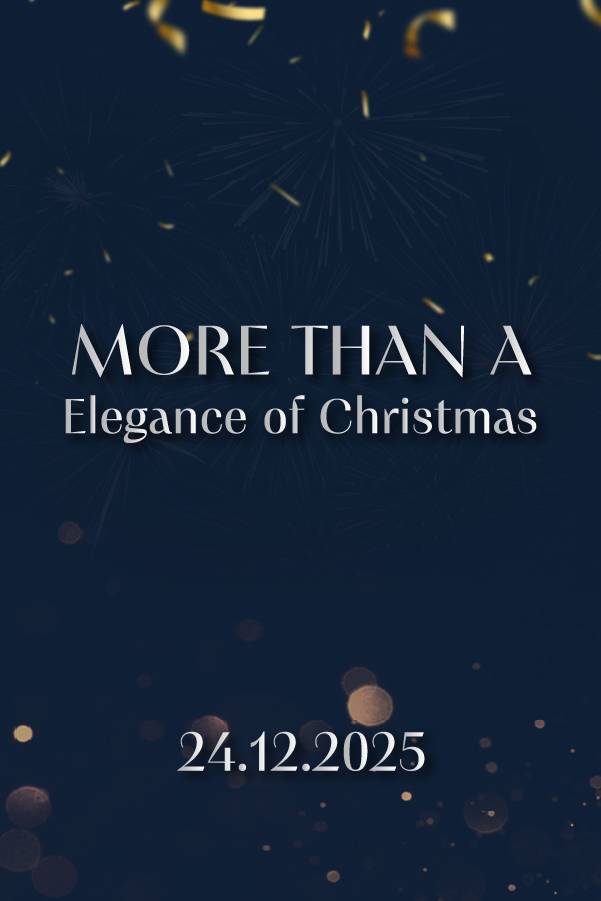 Dark festive background with gold confetti and lights, faint fireworks, and text: More than a Elegance of Christmas at Rixos Premium Tekirova in the center, with 24.12.2025 at the bottom.