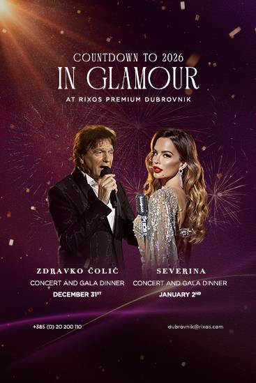 Promotional poster for the New Year Gala Countdown to 2026 at Rixos Premium Dubrovnik, featuring Zdravko Čolić and Severina with concert and gala dinner dates, set against a festive fireworks background.