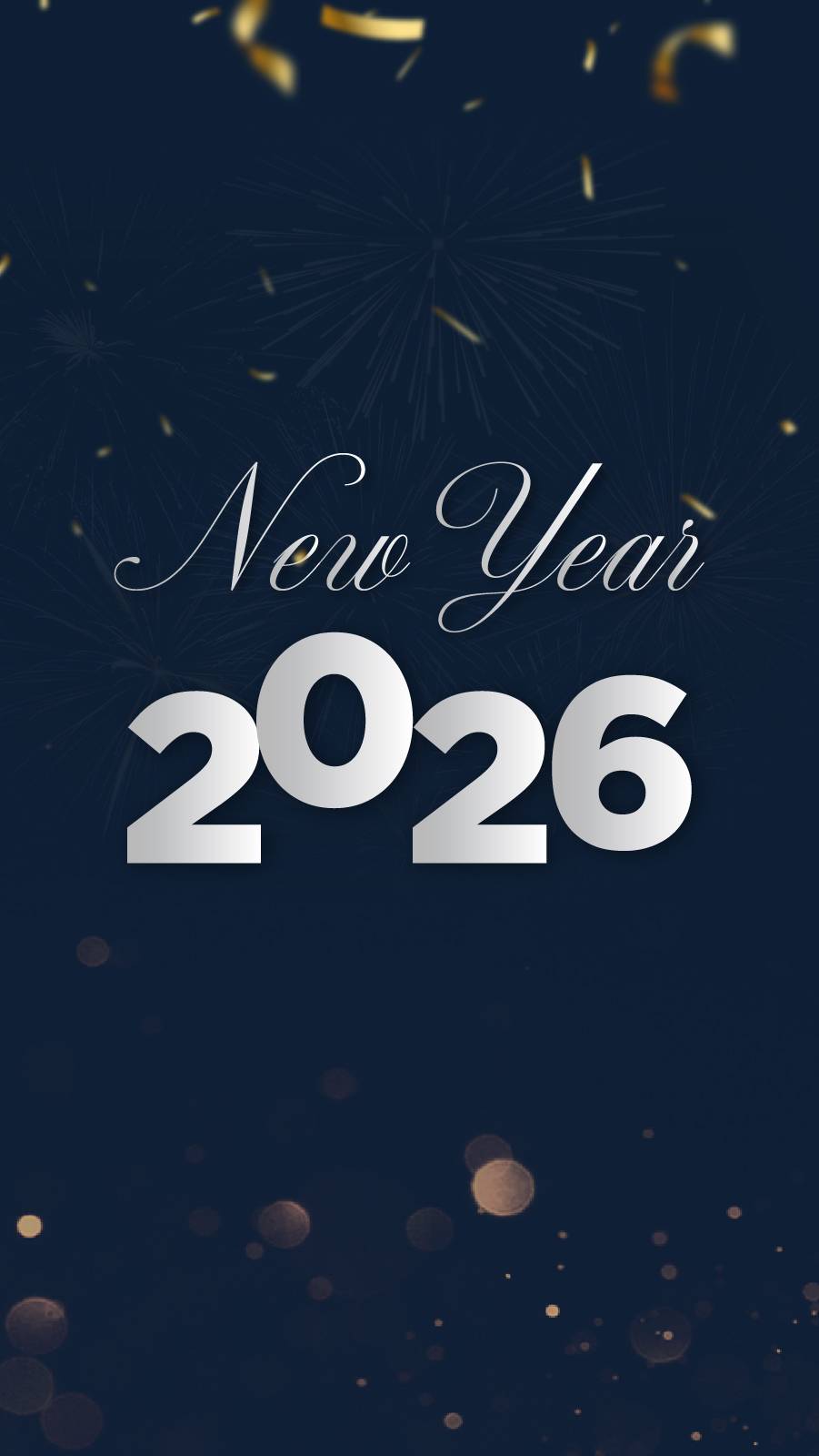 Dark blue background with gold confetti, fireworks, and the silver text New Year 2026 in elegant, festive lettering at the center, celebrating at Rixos Premium Tekirova.