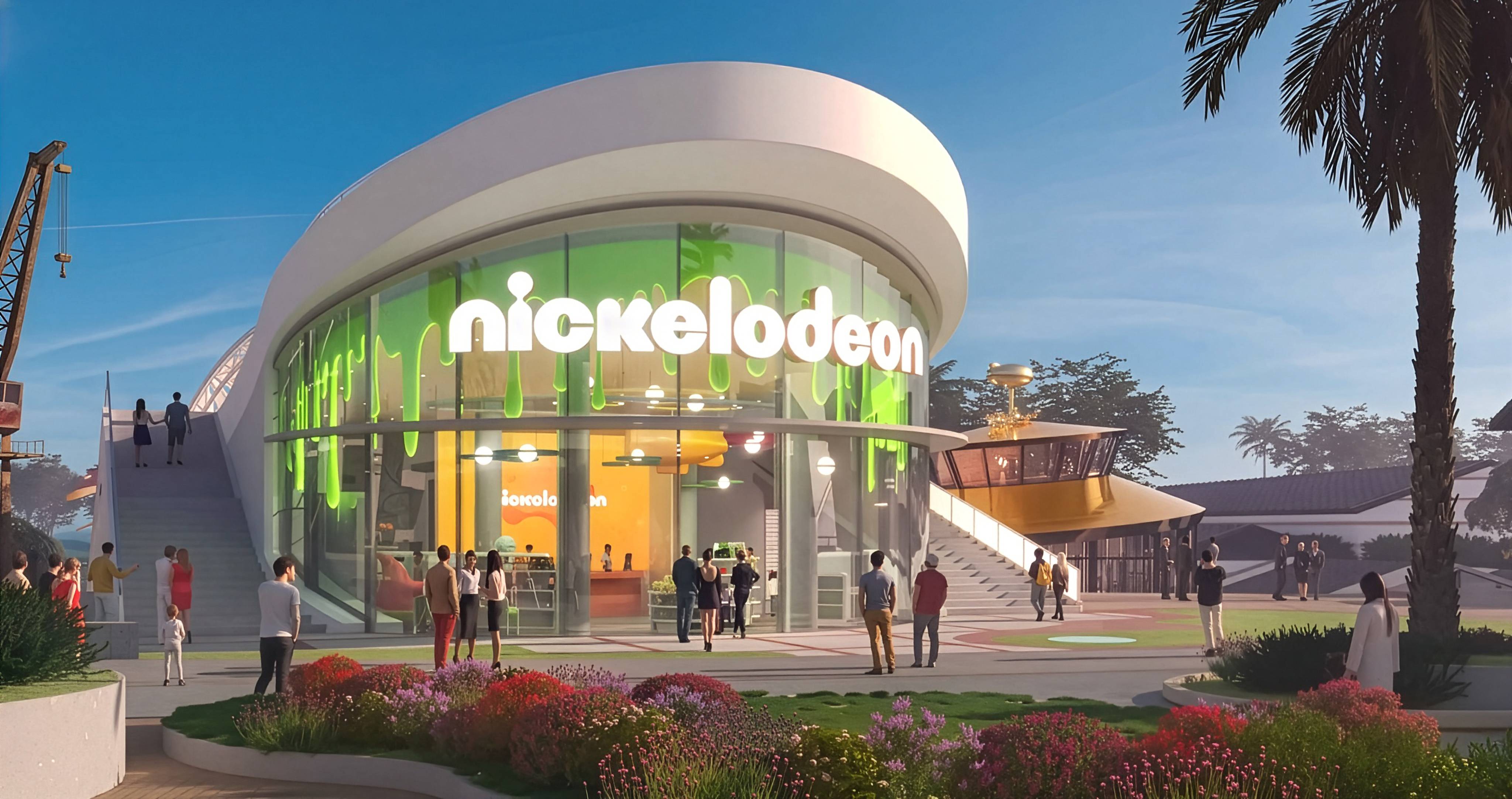 Nowoczesny, futurystyczny budynek Nickelodeon Play z zakrzywioną fasadą, dużym logo i jasnozielonymi światłami wewnątrz. Ludzie gromadzą się na zewnątrz, otoczeni palmami i kolorowymi krajobrazami w Rixos Tersane Istanbul, pod czystym błękitnym niebem.