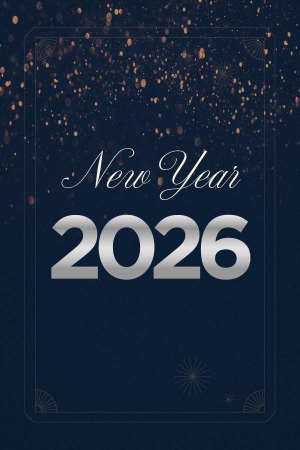 New Year 2026 poster for Rixos Park Belek. Dark blue background with large silver text "New Year 2026" and golden sparkling lights falling from above.