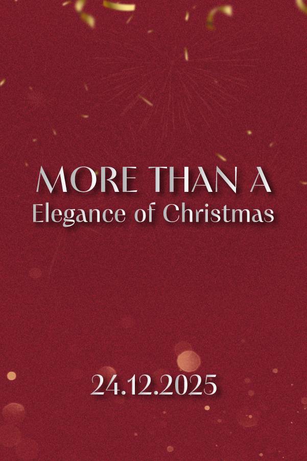 Christmas event flyer for Rixos Premium Belek on 24.12.2025. Red background with silver text "Elegance of Christmas" and gold confetti.