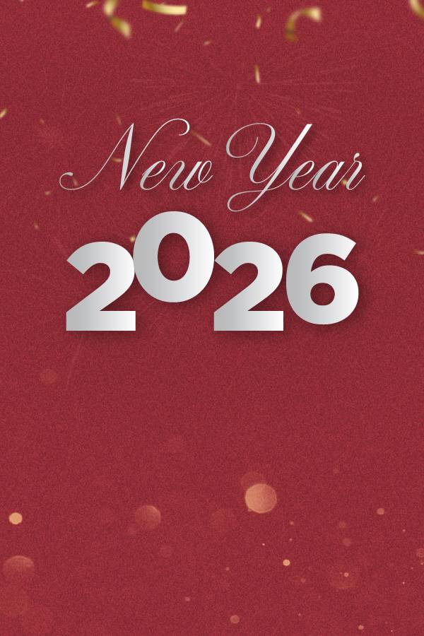 A vertical New Year's event flyer with a deep red, sparkling texture. Silver text reads "New Year" in a cursive font, followed by the large, bold numbers "2026." The image includes gold confetti and bokeh effects. This promotes the Rixos Premium Belek New Year celebration.