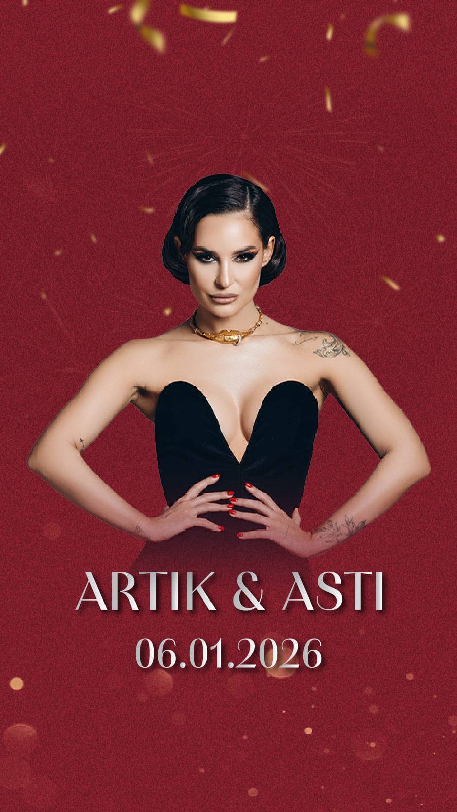 Promotional graphic for an Artik & Asti event at Rixos Premium Belek on Orthodox Christmas, January 6, 2026. Features Asti in a black top against a red background with gold confetti.