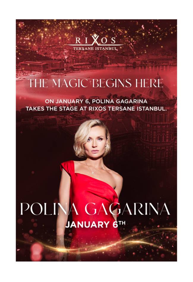 Афиша концерта Полины Гагариной в Rixos Tersane Istanbul 6 января. Дизайн выполнен в красных тонах, на переднем плане изображена Полина Гагарина, а на заднем — городской пейзаж.