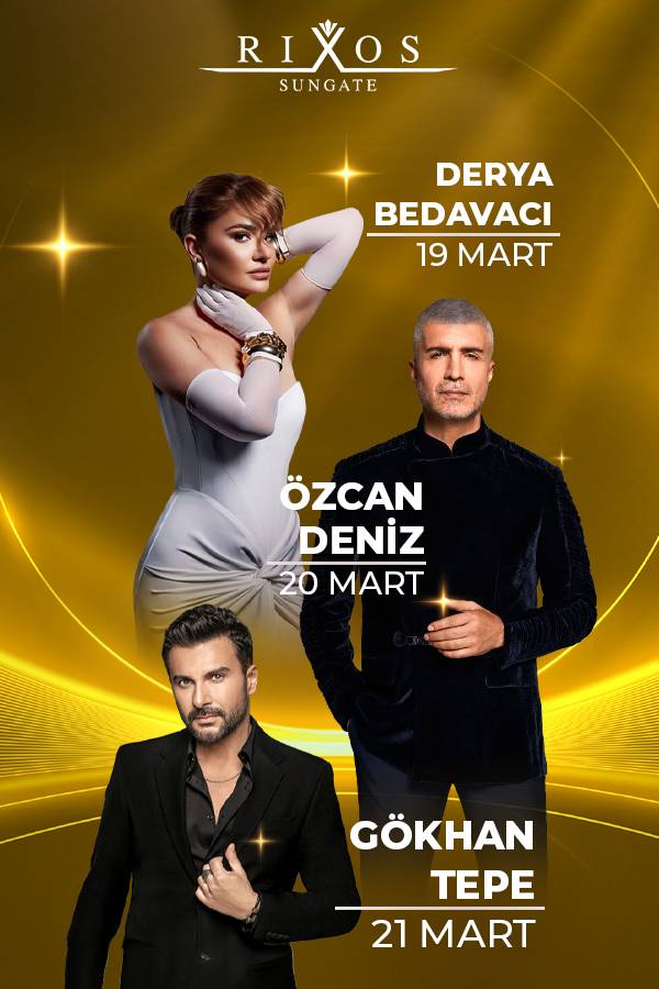 ملصق ترويجي لحفلات ريكسوس صنغيت بايرام التي تضم ديريا بيدافاجي (19 مارس) وأوزكان دنيز (20 مارس) وغوخان تيبي (21 مارس).