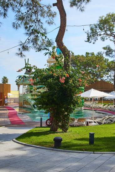 Rixos Sungate-тегі шезлонгтармен, қолшатырлармен және балаларға арналған сырғанақтардың жанында жасыл желектермен қоршалған Rixy Pool Bar.